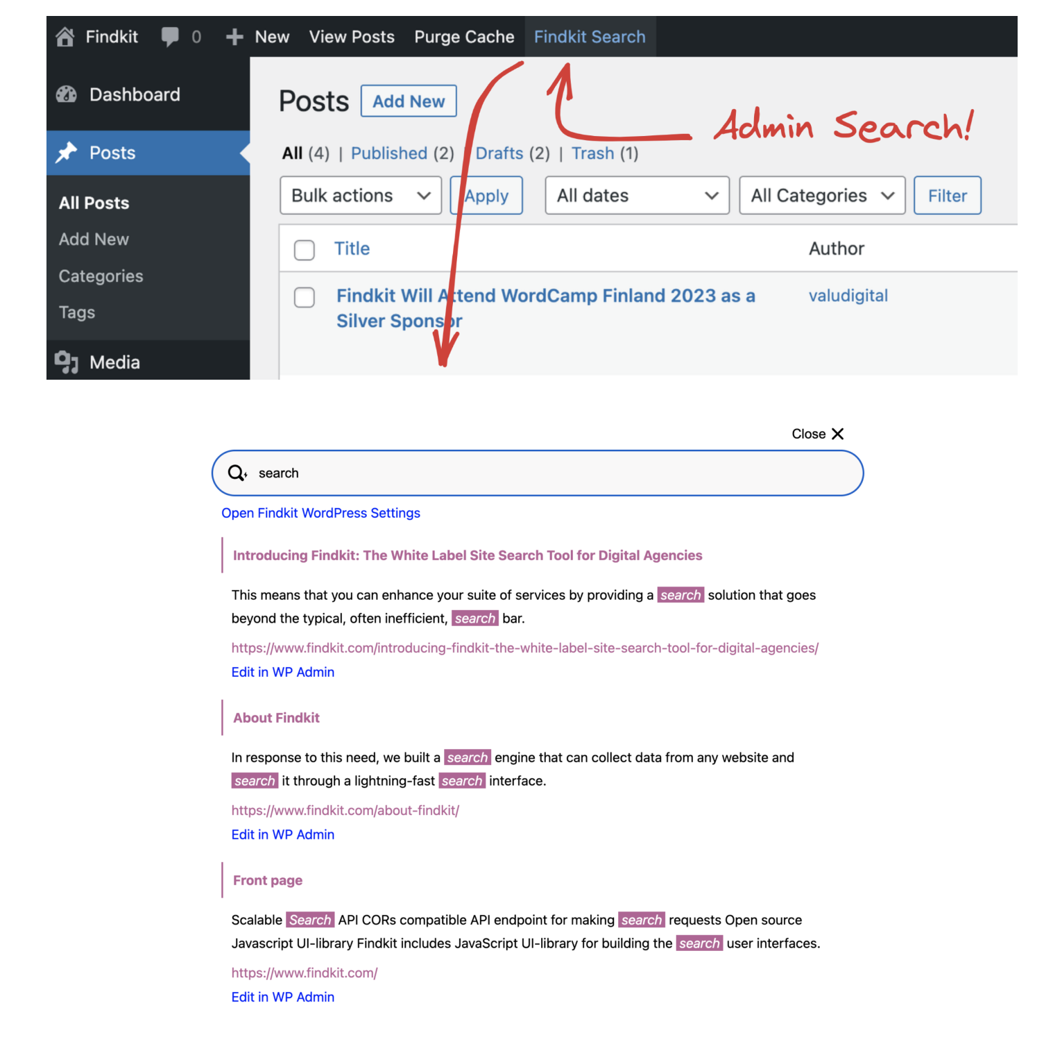 Screenshot of the WordPress Admin search interface