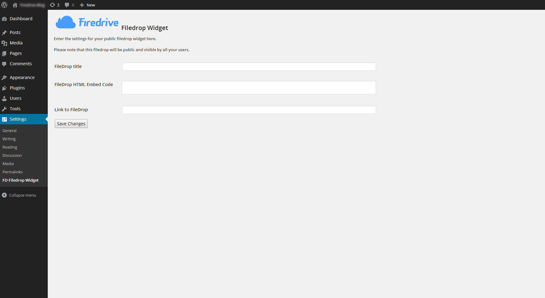 Firedrive FileDrop Manager plugin settings page in the WordPress admin