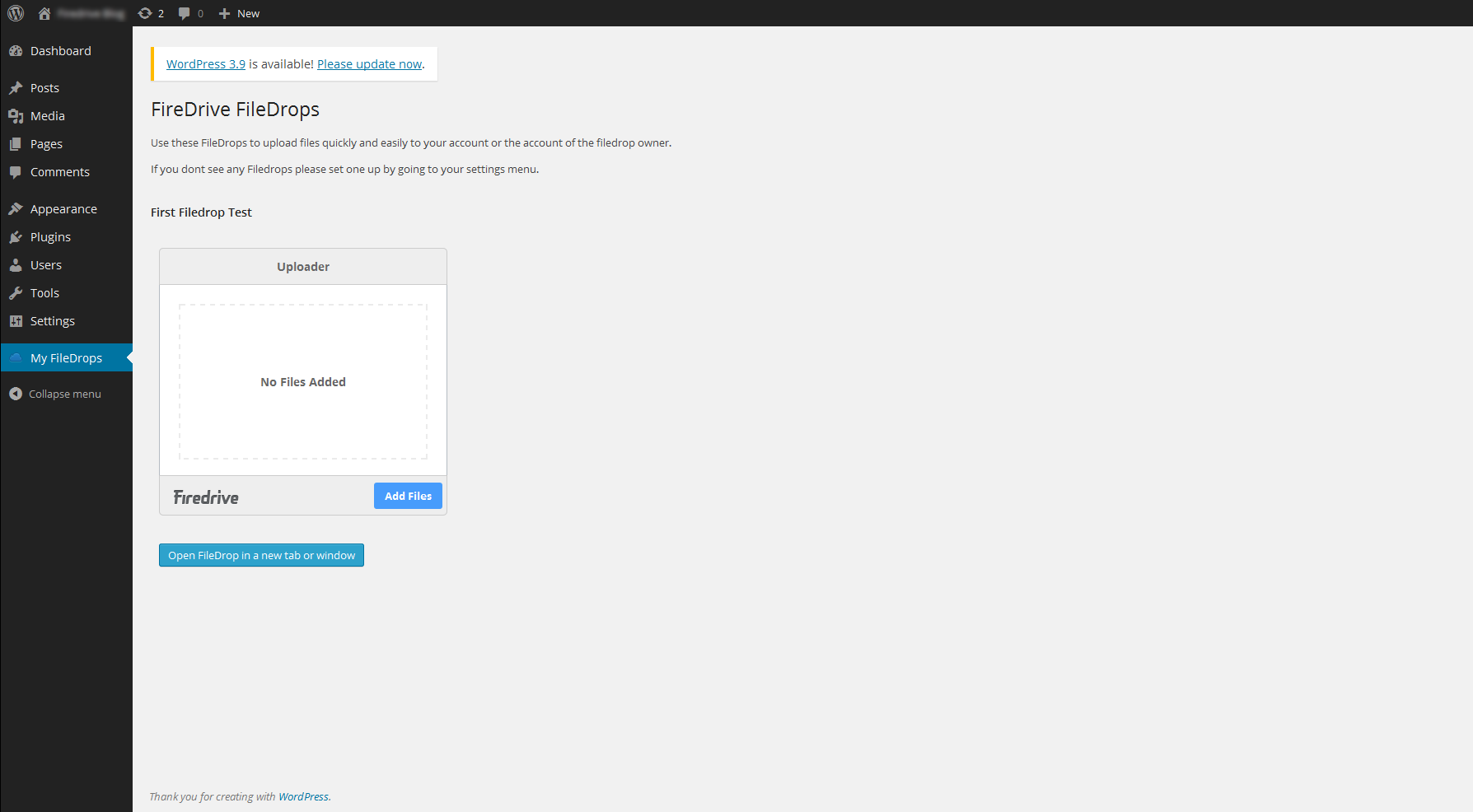 Firedrive FileDrops page in WordPress admin