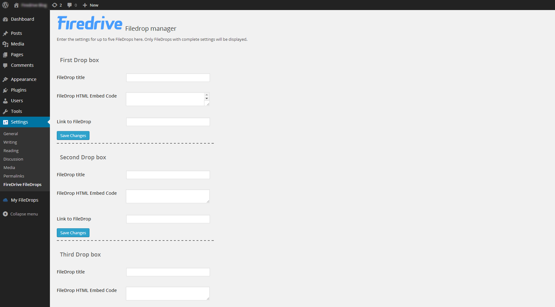 Firedrive FileDrop Manager plugin settings page in WordPress admin