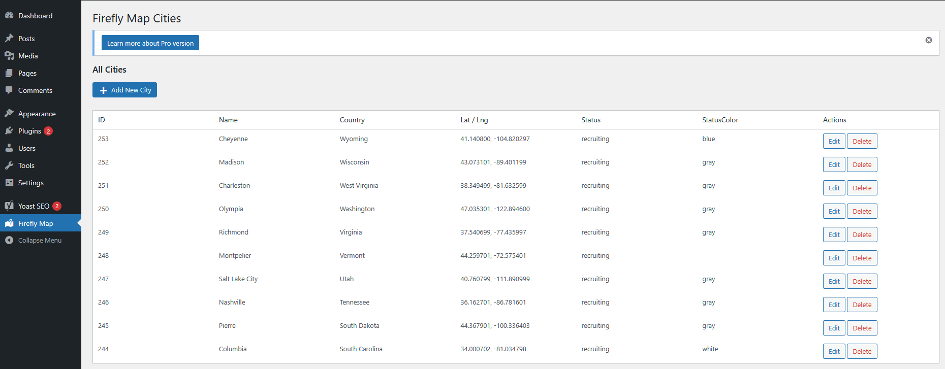 Backend city management interface