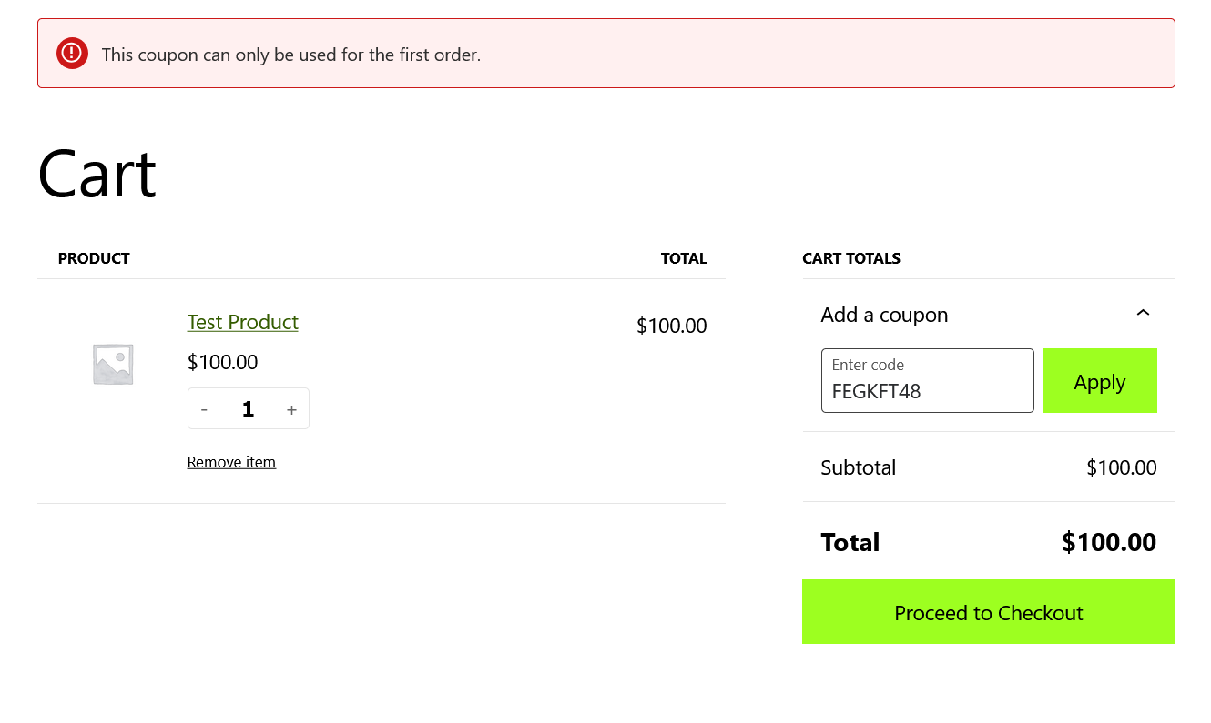 Error message displayed when coupon conditions are not met (e.g., user not logged in or not first order)