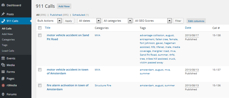 A screenshot of the admin page, showing a listing of several recent calls.