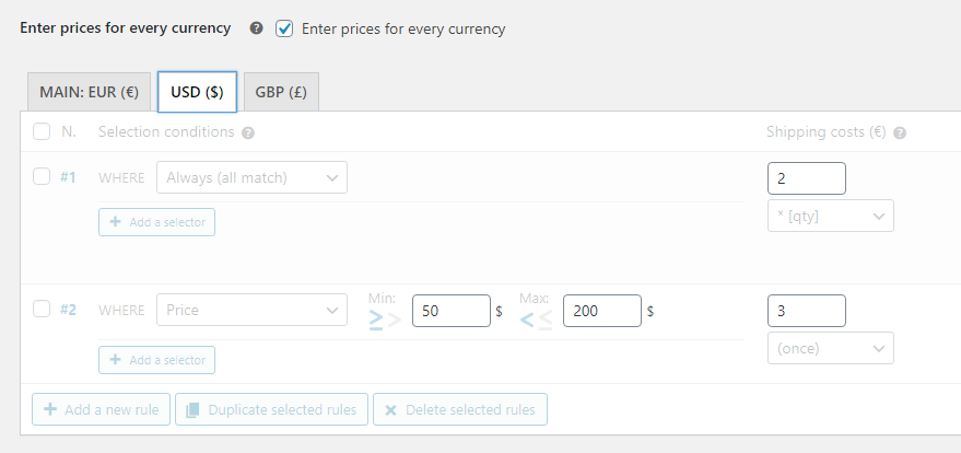 Ranges based on Price, Weight, Quantity, Volume, Volumetric or Size (Pro only)