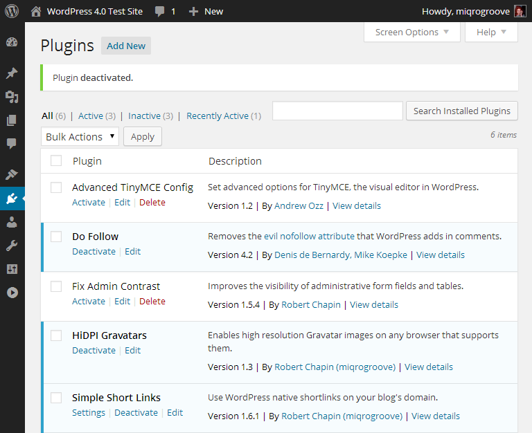 WordPress 4.0 preview, plugin enabled.