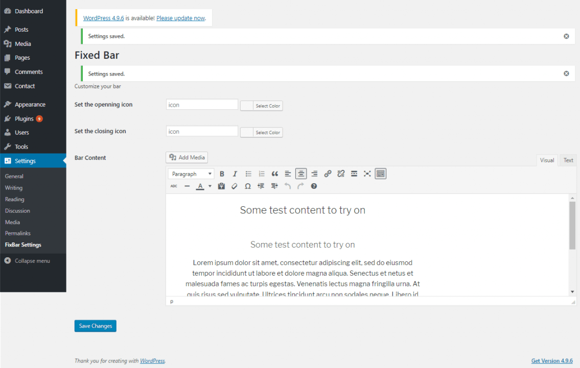 Settings page view