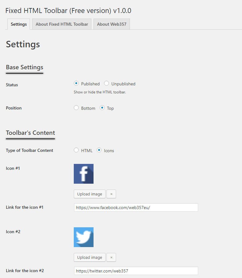 Base Settings with HTML code on the toolbar