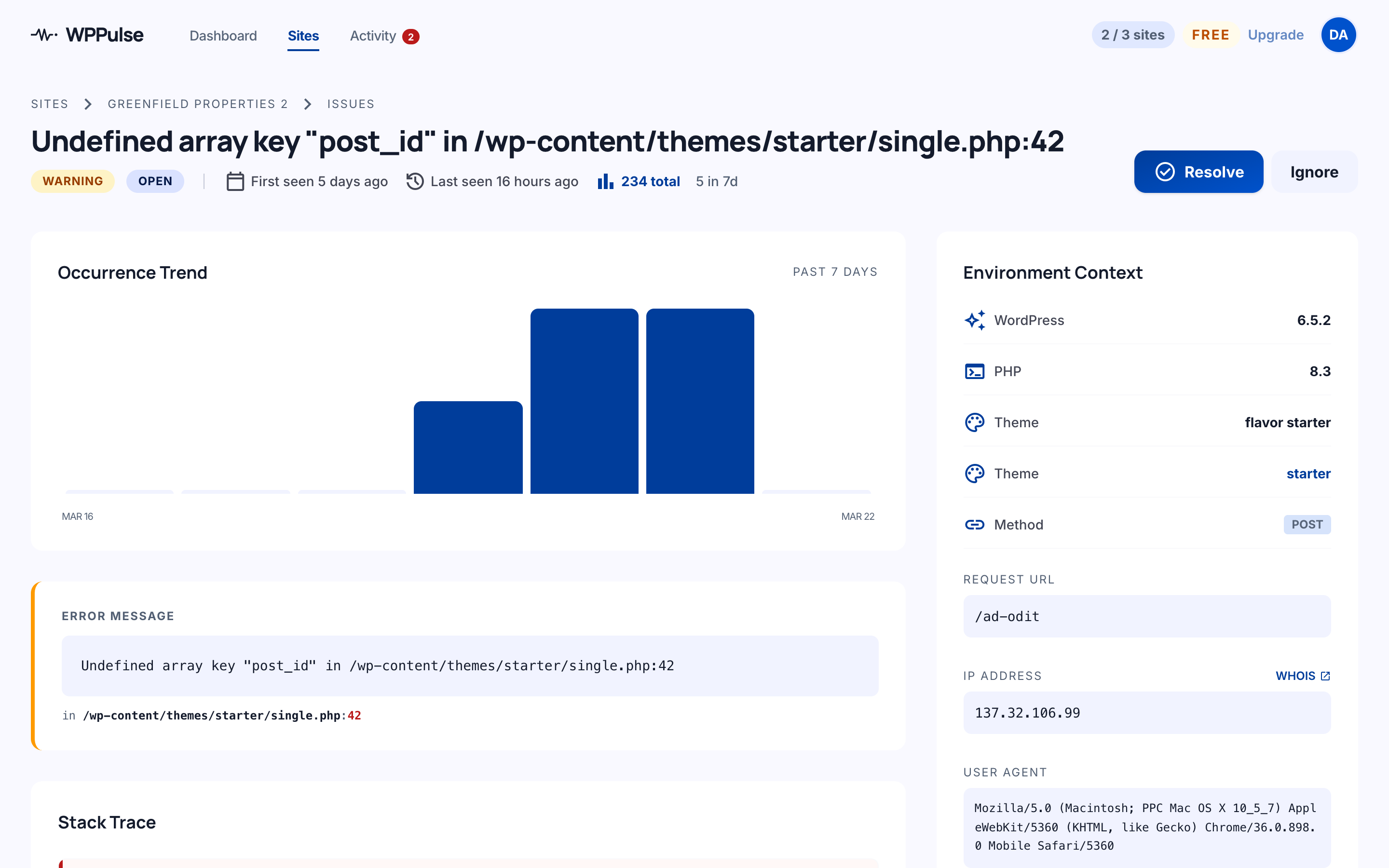**Issue detail** — Full error information with stack trace, request context, and occurrence timeline