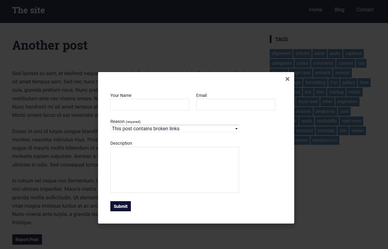 Clicking the button reveals a popup form which the visitor completes to submit a flag