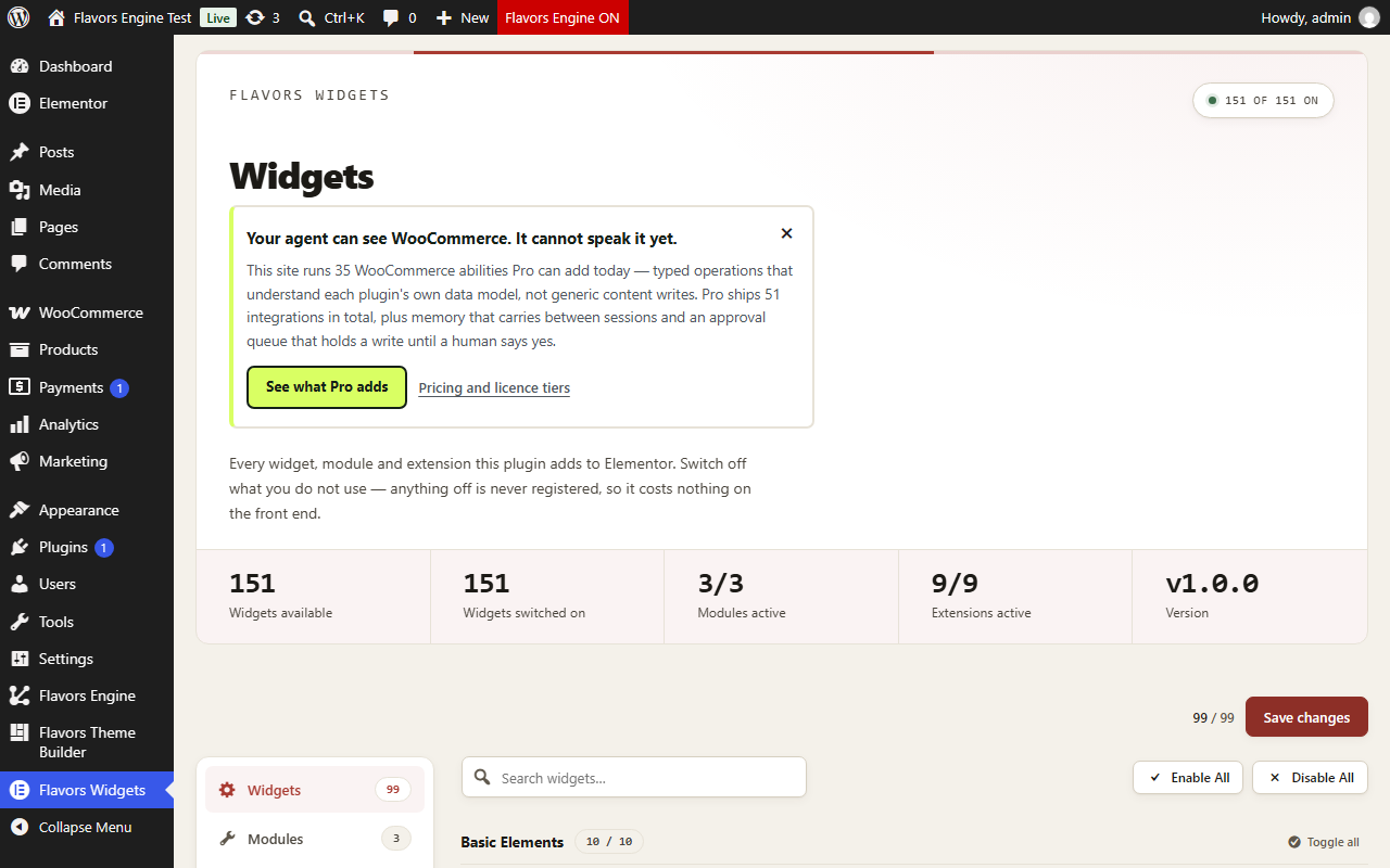 The widget catalogue - all 151 widgets, modules and extensions with per-item switches; anything off is never registered.