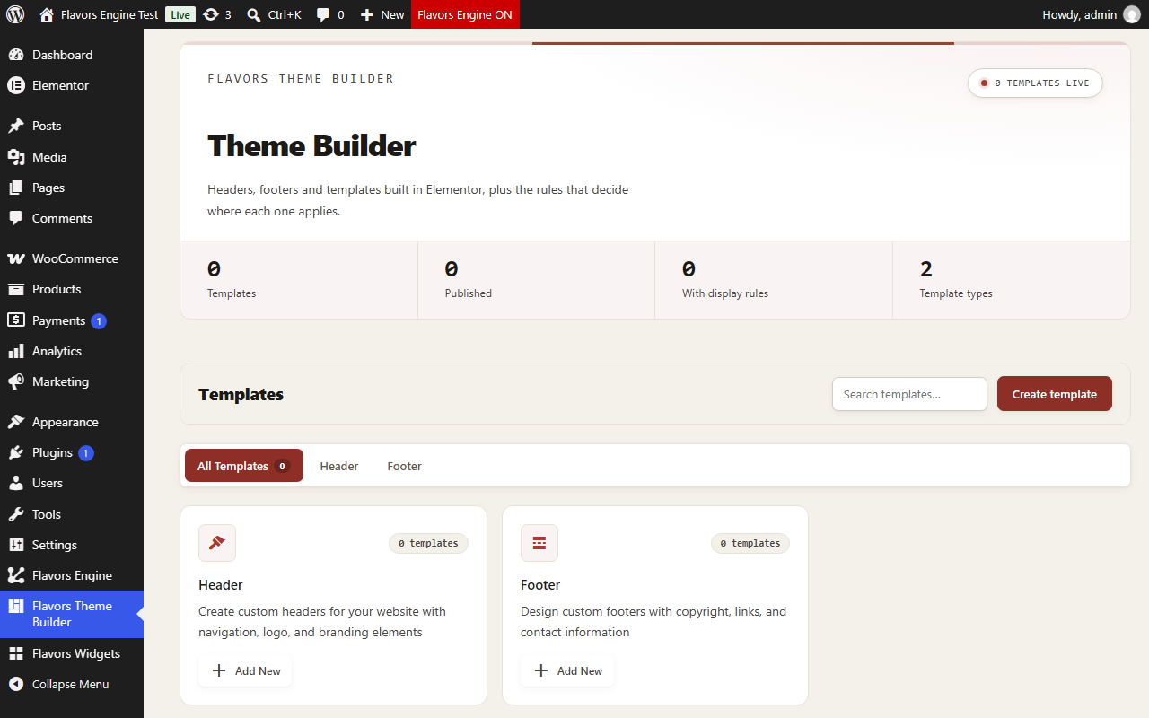 The Theme Builder - headers, footers and templates built in Elementor, with the display rules that decide where each applies.