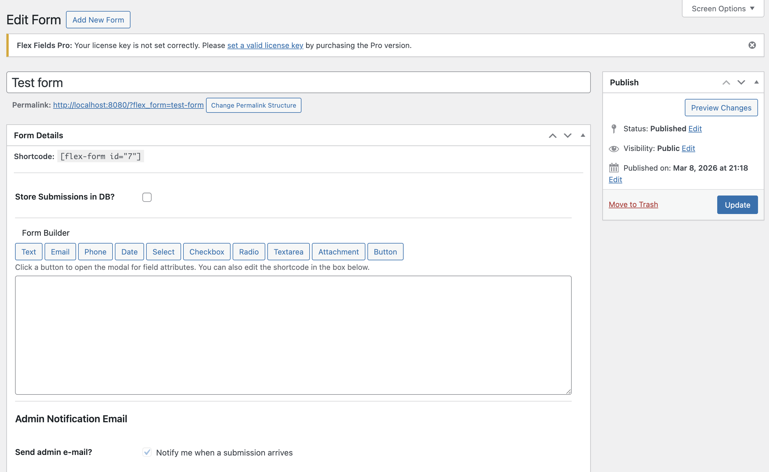 Form settings – Configure success/error behavior, email notifications, and storage.