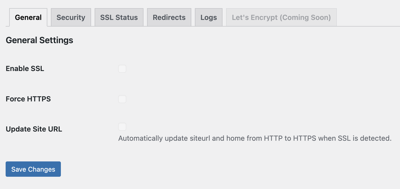 **Security Settings** – Enable mixed content fixer, HSTS, and other headers.