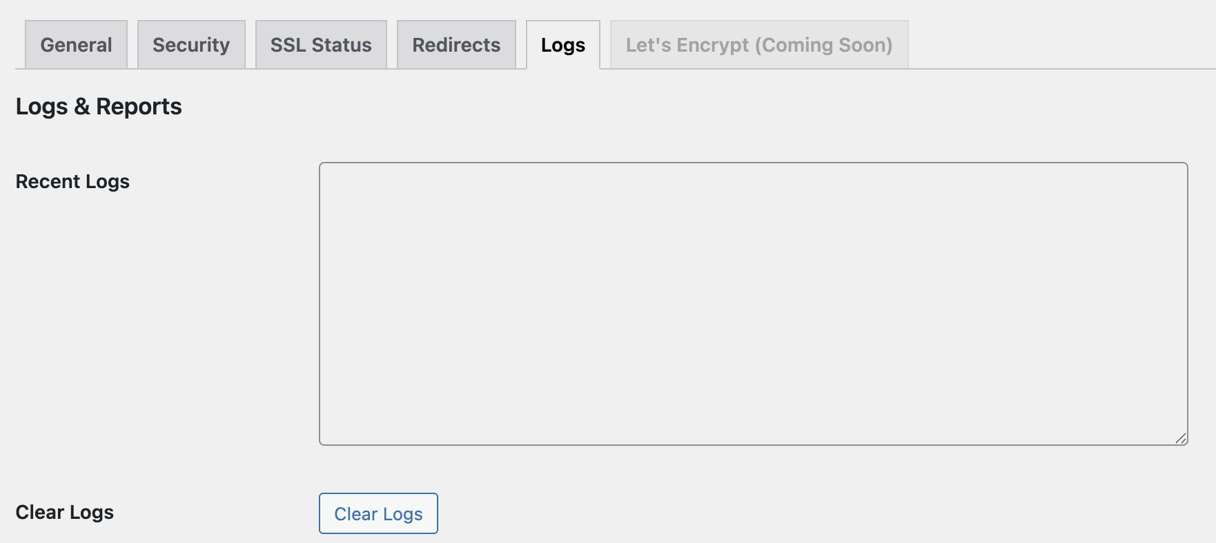 **Logs** – View and clear recent logs.
