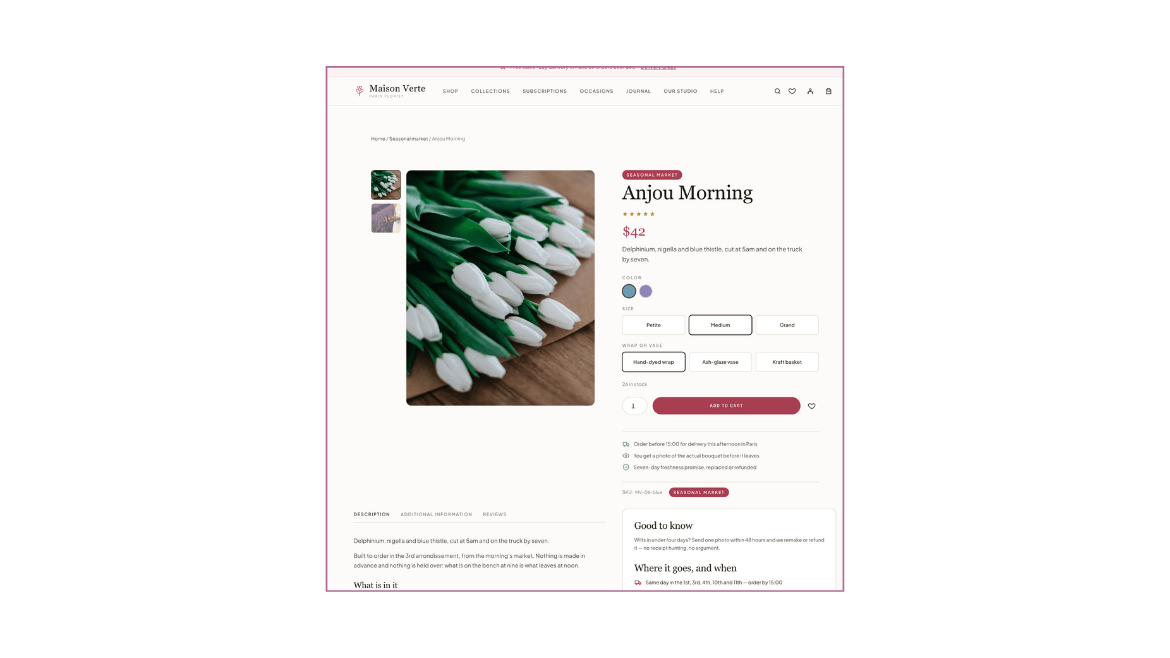 A WooCommerce single-product page assembled from Flexa's product blocks: name, price, rating, image gallery, variation options, add to cart and the details tabs.