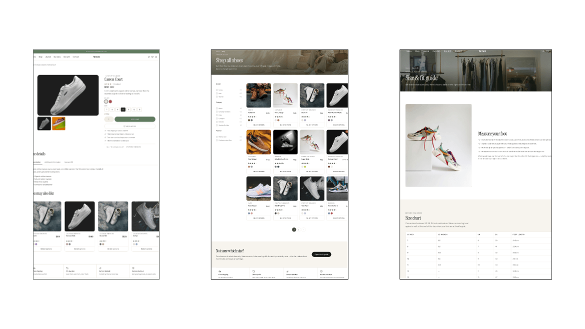 A shoe store built with Flexa Block: the single-product page, a shop grid driven by the Post Filter, and a size guide using the Data Table block.