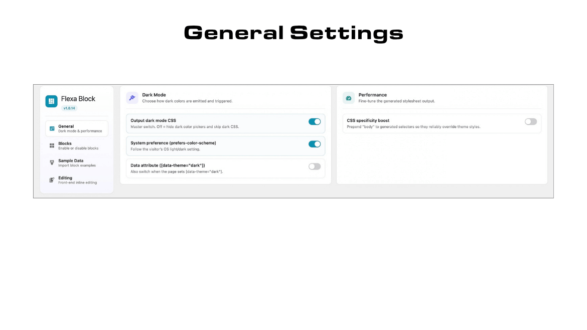 General settings: dark mode output options and the performance controls for the generated CSS.