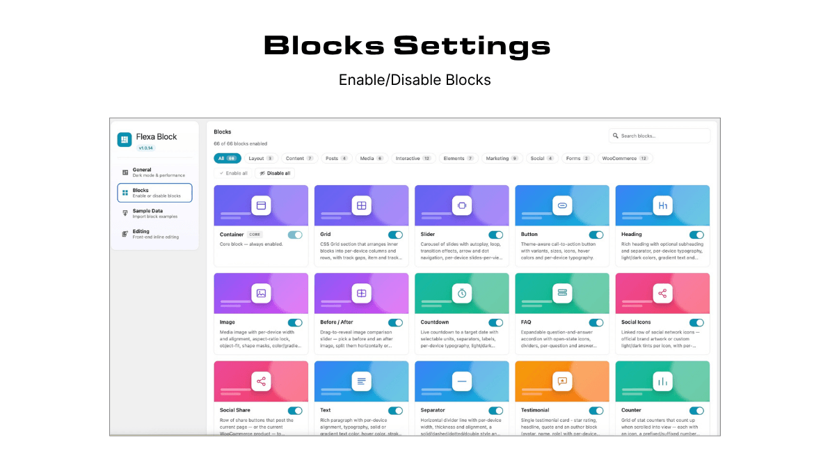The Blocks tab: enable or disable any of the bundled blocks, grouped by category and searchable.