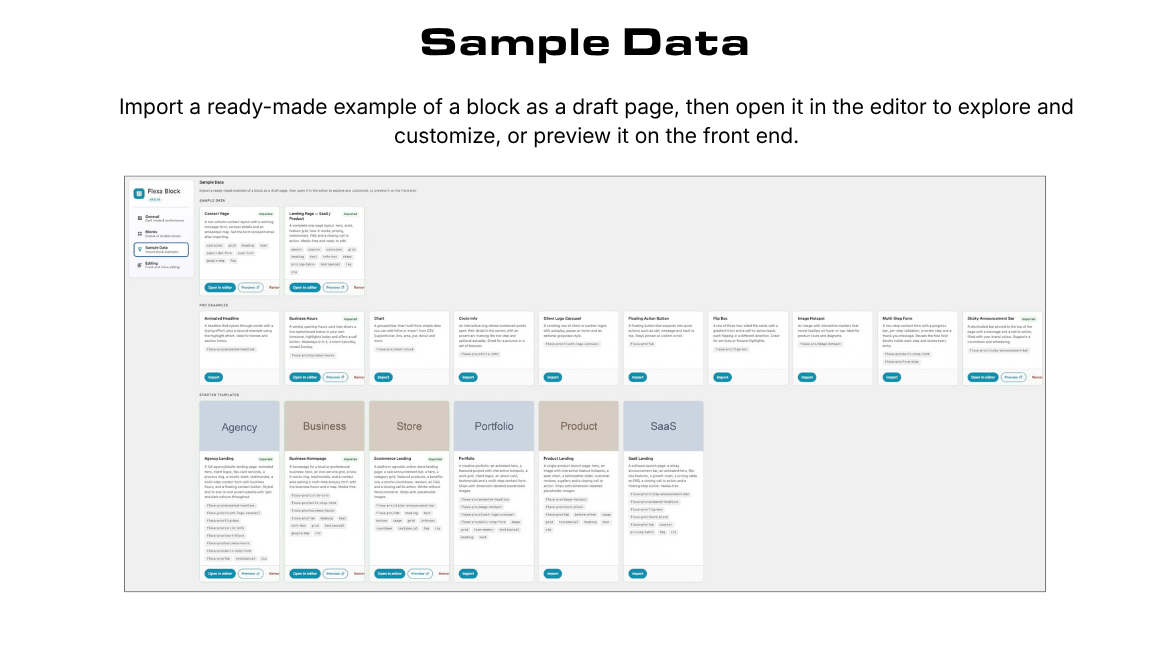 Sample Data: import a ready-made example as a draft page, then open it in the editor or preview it on the front end.