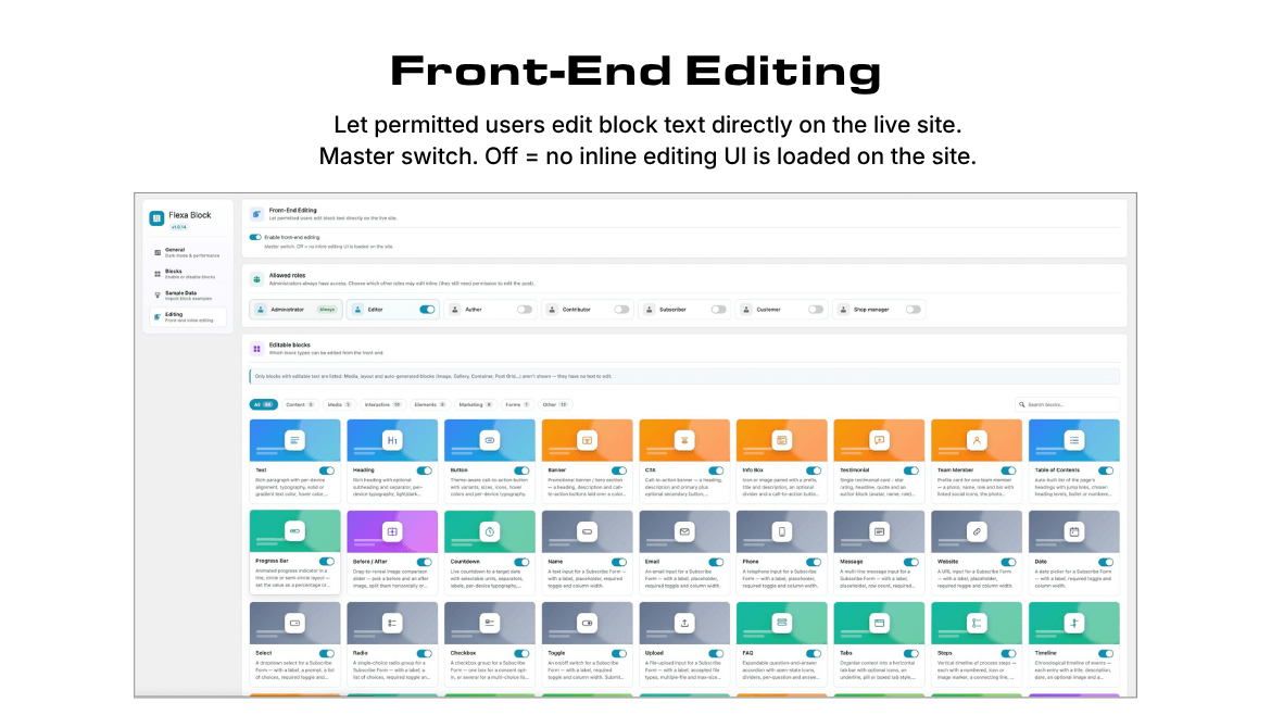 Editing settings: turn front-end inline editing on or off, choose which roles may edit, and pick which blocks are editable.