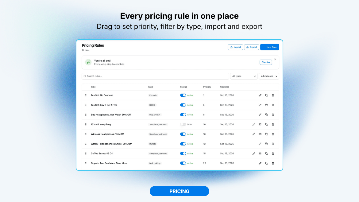 Control what shoppers see: toggle the extra subtotal, total price, itemized breakdown, and mini-cart values.