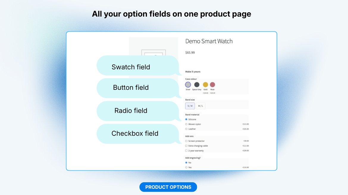 Variation swatches on the product page: colour, image and button swatches replace the attribute dropdowns.