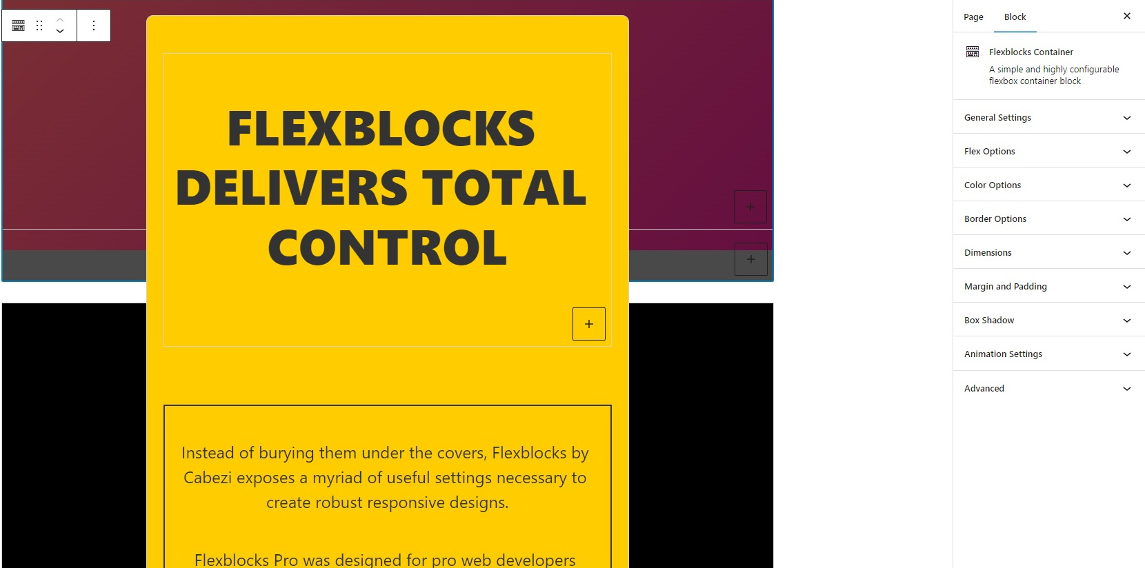 An example of a Flexblocks Container with Related Menu Options