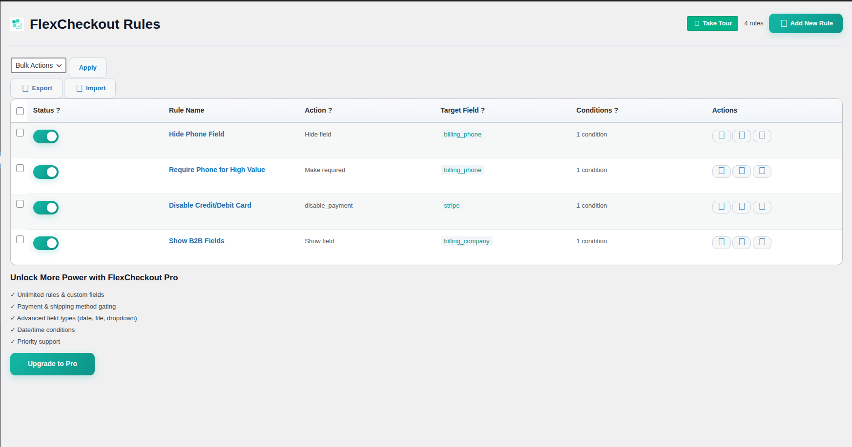 Upgrade page — compare free and Pro features side by side