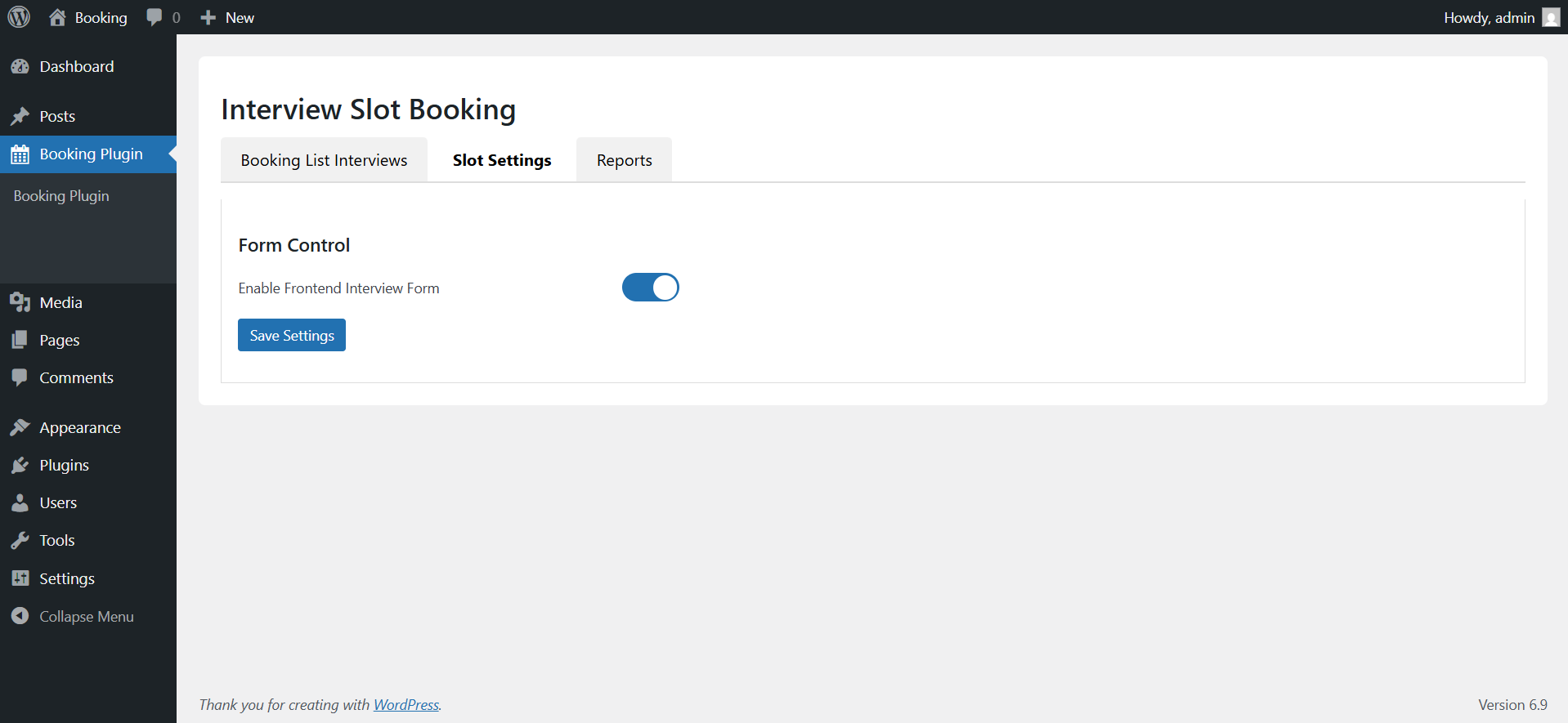 screenshot-4.png - Interview Slot Settings: Enable/Disable options to show or hide the form via shortcode.