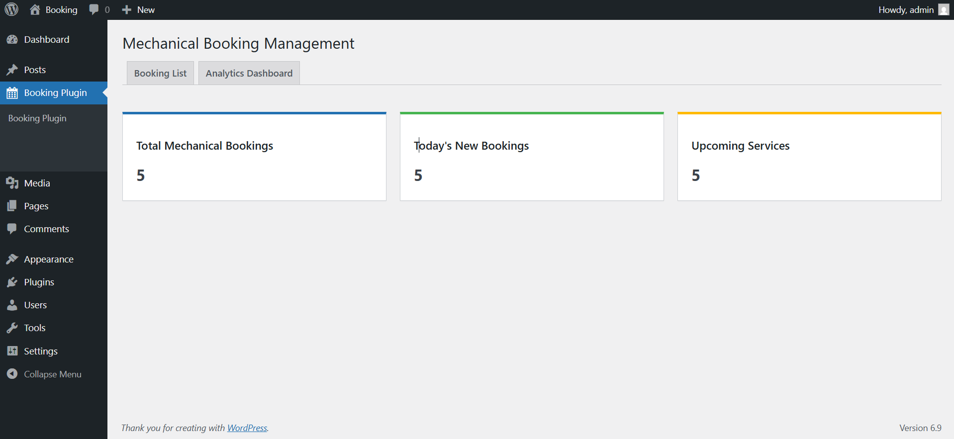 screenshot-7.png - Mechanical Booking Management Analytics Dashboard: Shows total bookings, today's new bookings, and upcoming bookings.