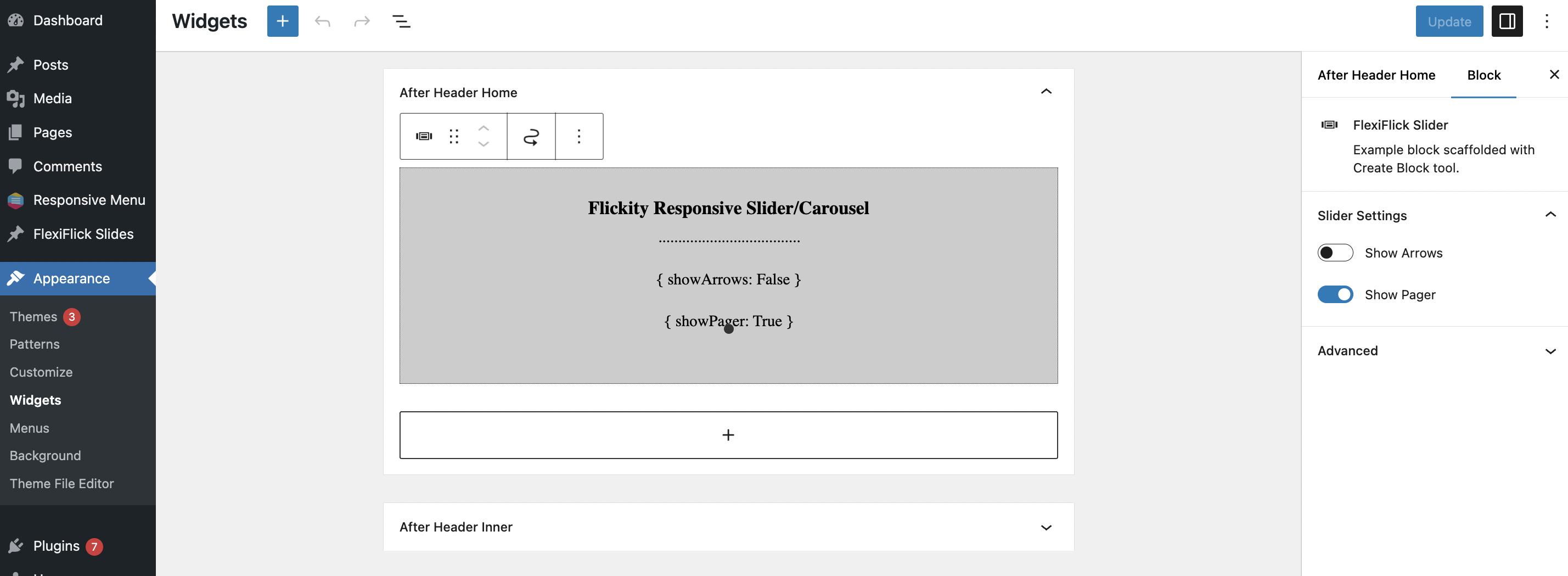 **Slider Settings Panel** - This screenshot shows the settings available in the FlexiFlick Slider plugin's admin interface.