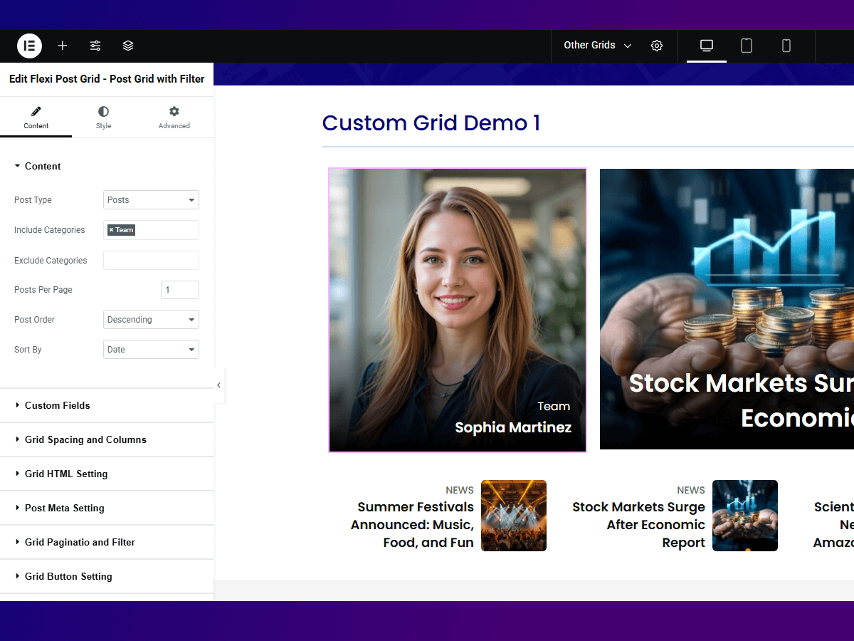 Content controls — choose Post Type, include/exclude categories, set posts per page, order, and sort.