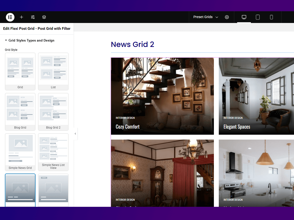 Preset grid styles — pick from 10+ ready layouts such as Blog, News, Portfolio, and List.