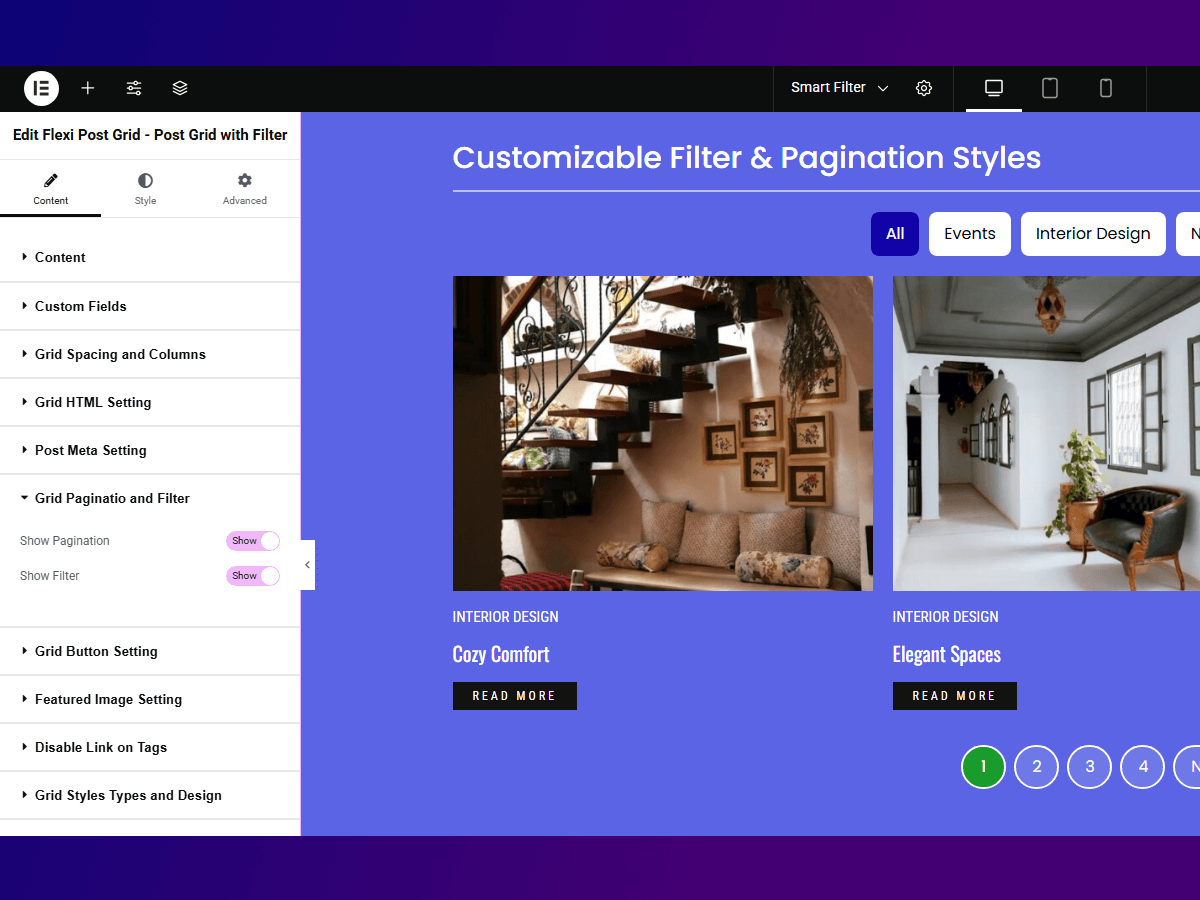 Customizable filters & pagination — category tabs and AJAX pagination on the front end.