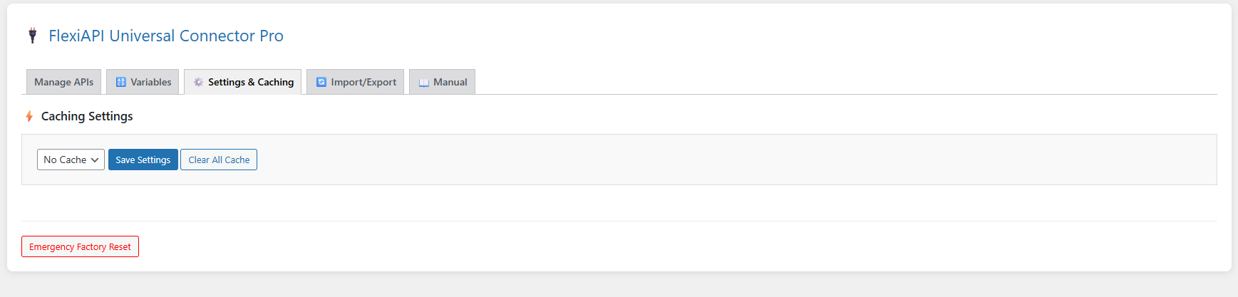 Settings & Caching: Manage API response caching and performance.
