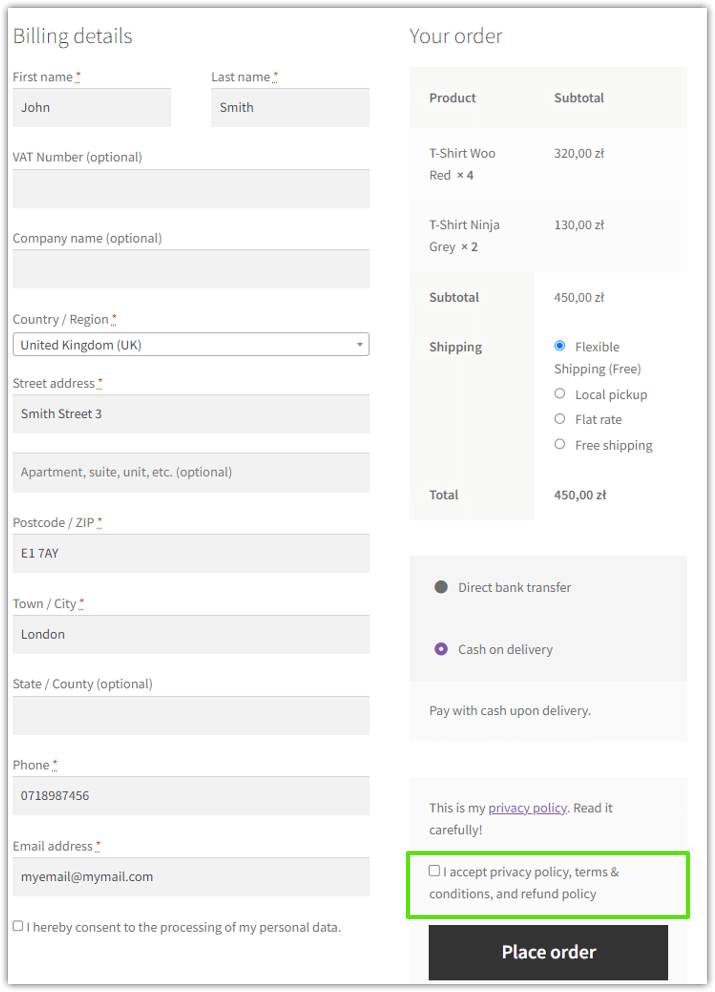 Custom terms and conditions checkbox for more checkout page sections (PRO)