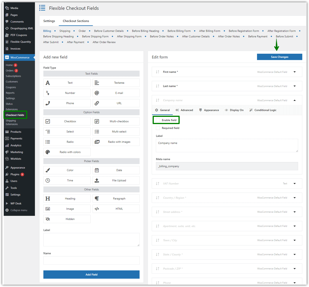 Disable the default fields to speed up the WooCommerce checkout