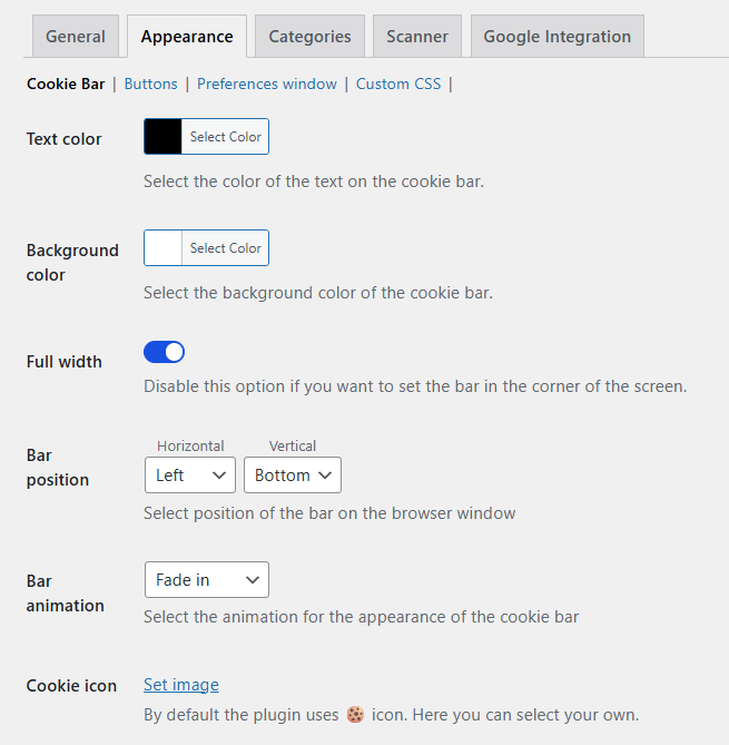 Cookie bar customization (with paid add-on)