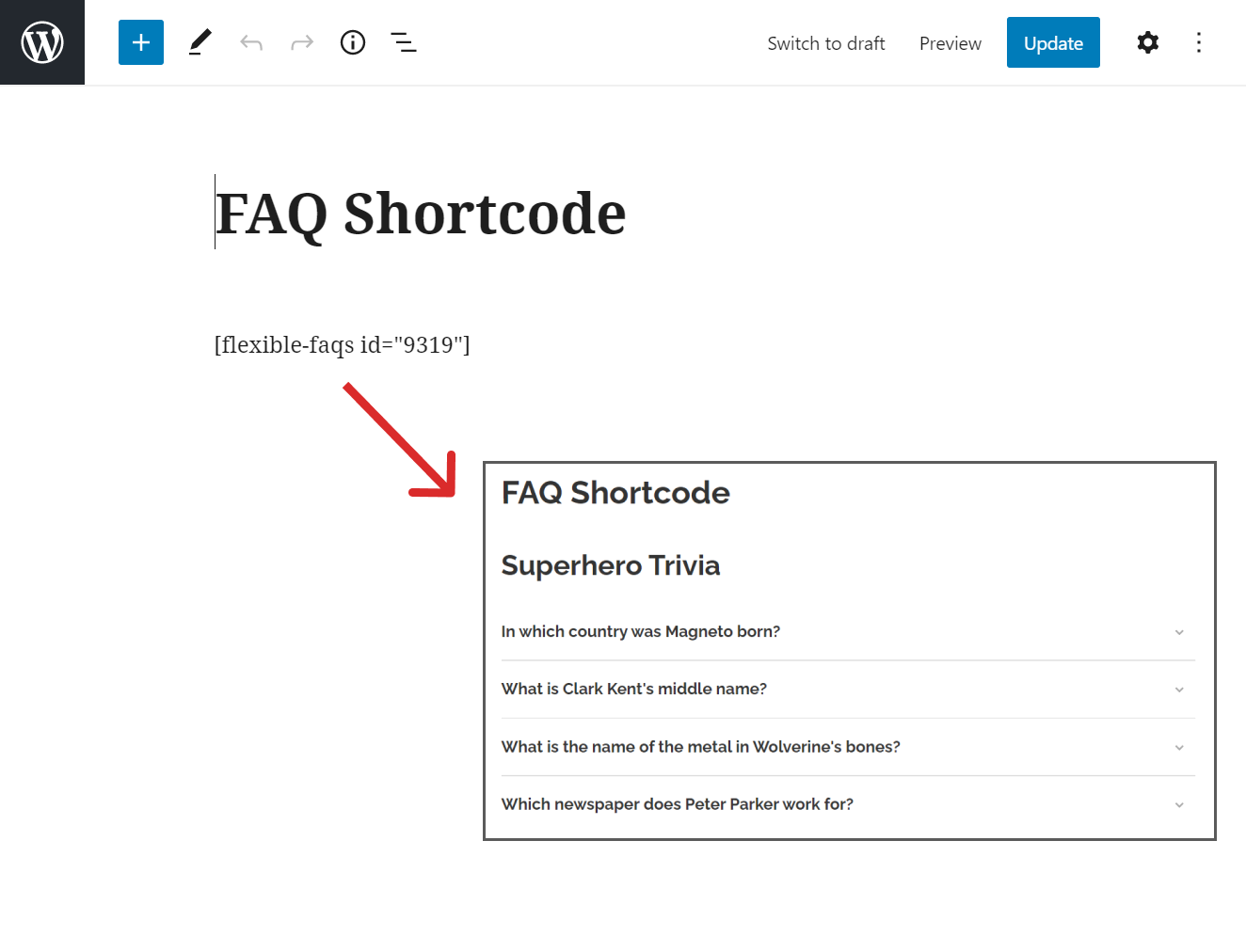 You can also display any FAQ via shortcodes too!