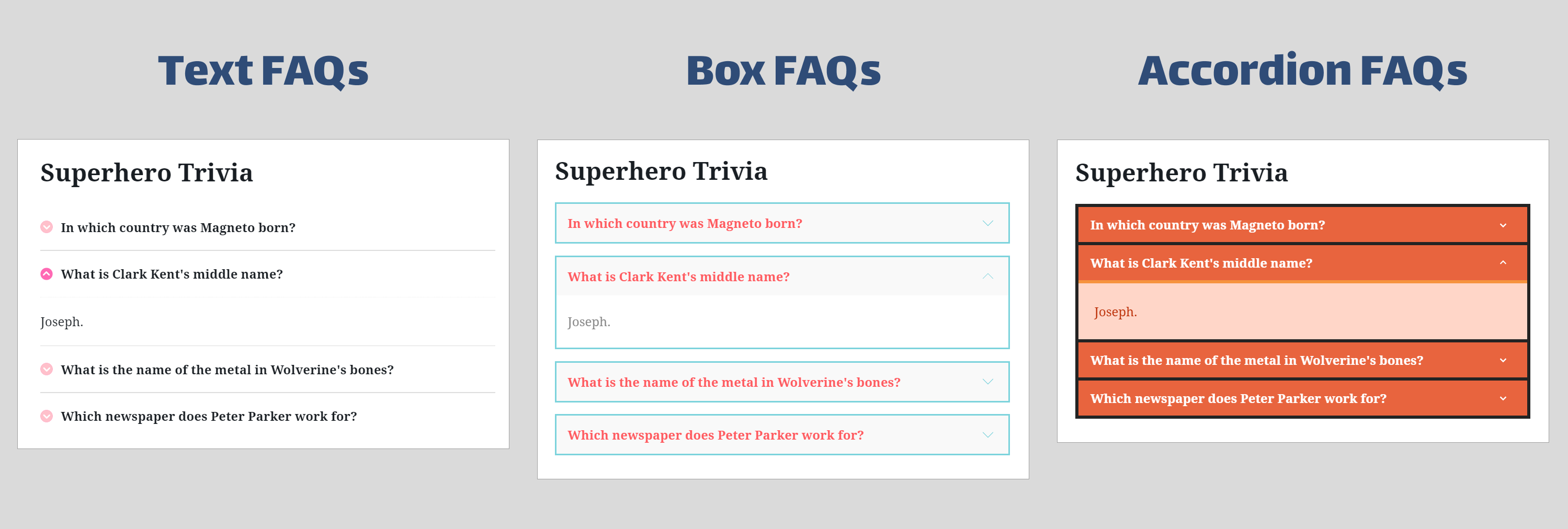 Three types of FAQ template available: text, box, and accordion. (Pro FAQ themes shown)