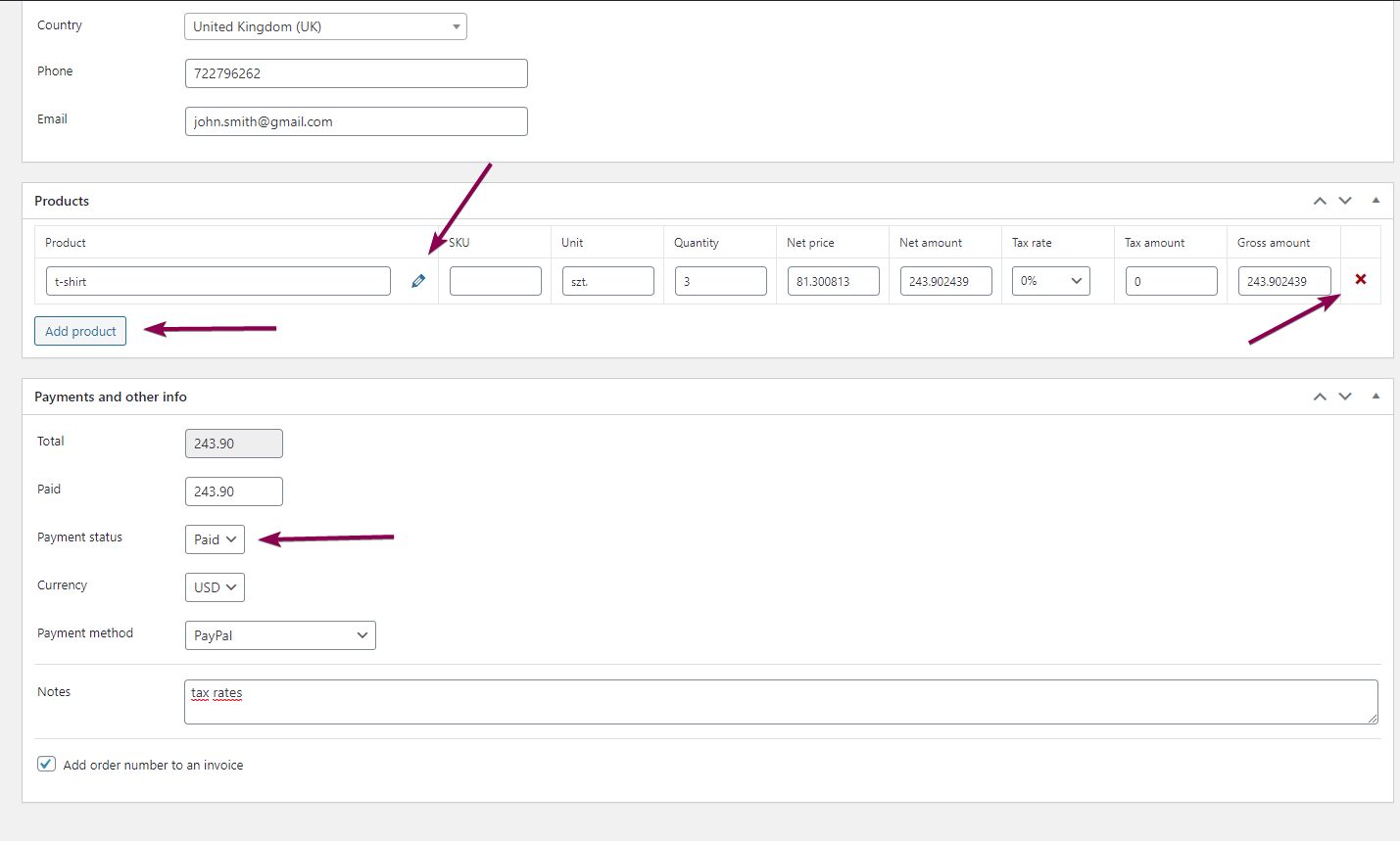 Settings for WooCommerce Invoices.