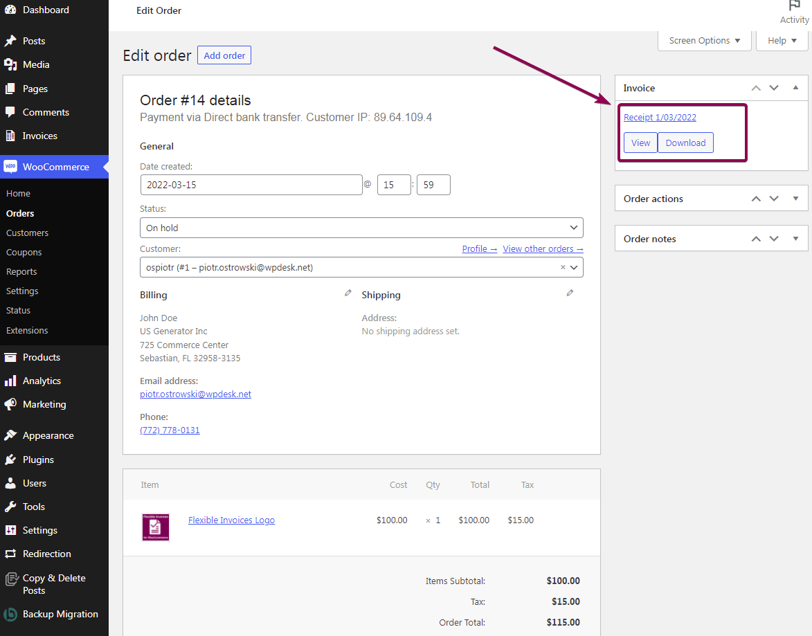 Add a new invoice in WordPress or WooCommerce manually.