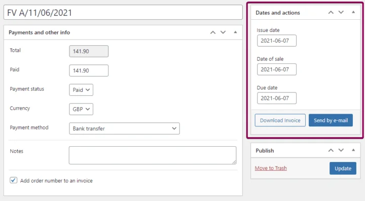 Invoice actions on the WooCommerce Orders screen.