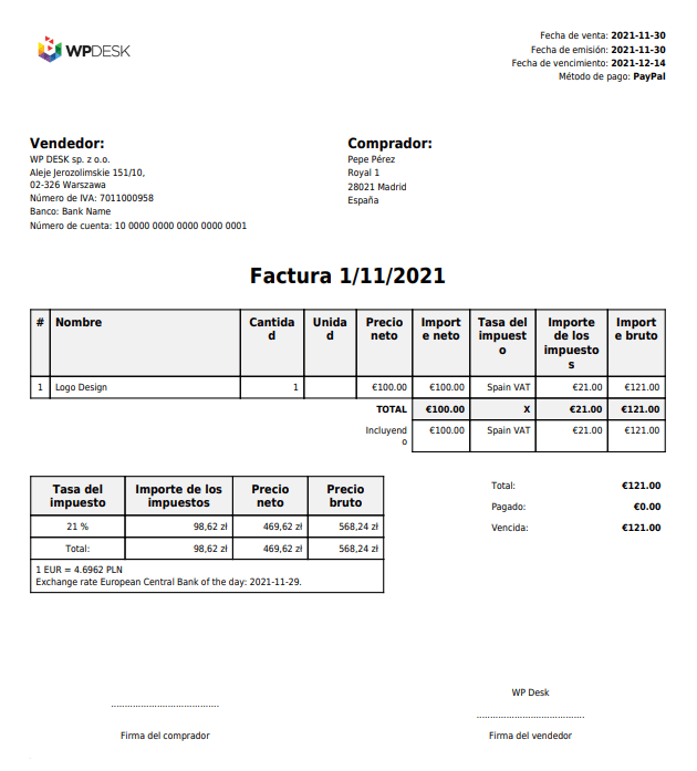 WooCommerce PDF invoice (receipt) configuration.