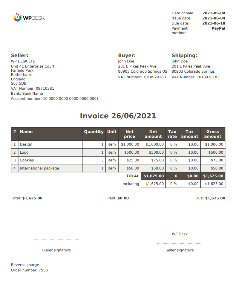 Generate the WooCommerce invoice with an automatic exchange table for VAT (PRO).