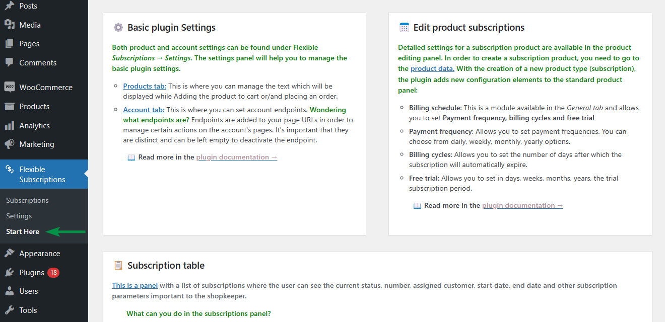 Subscription settings - billing cycle, expiration date, free trial, and sign-up fee.