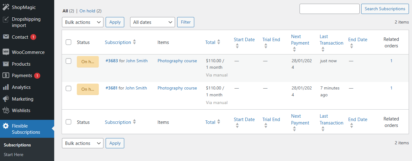 Variable subscription example on the product page.