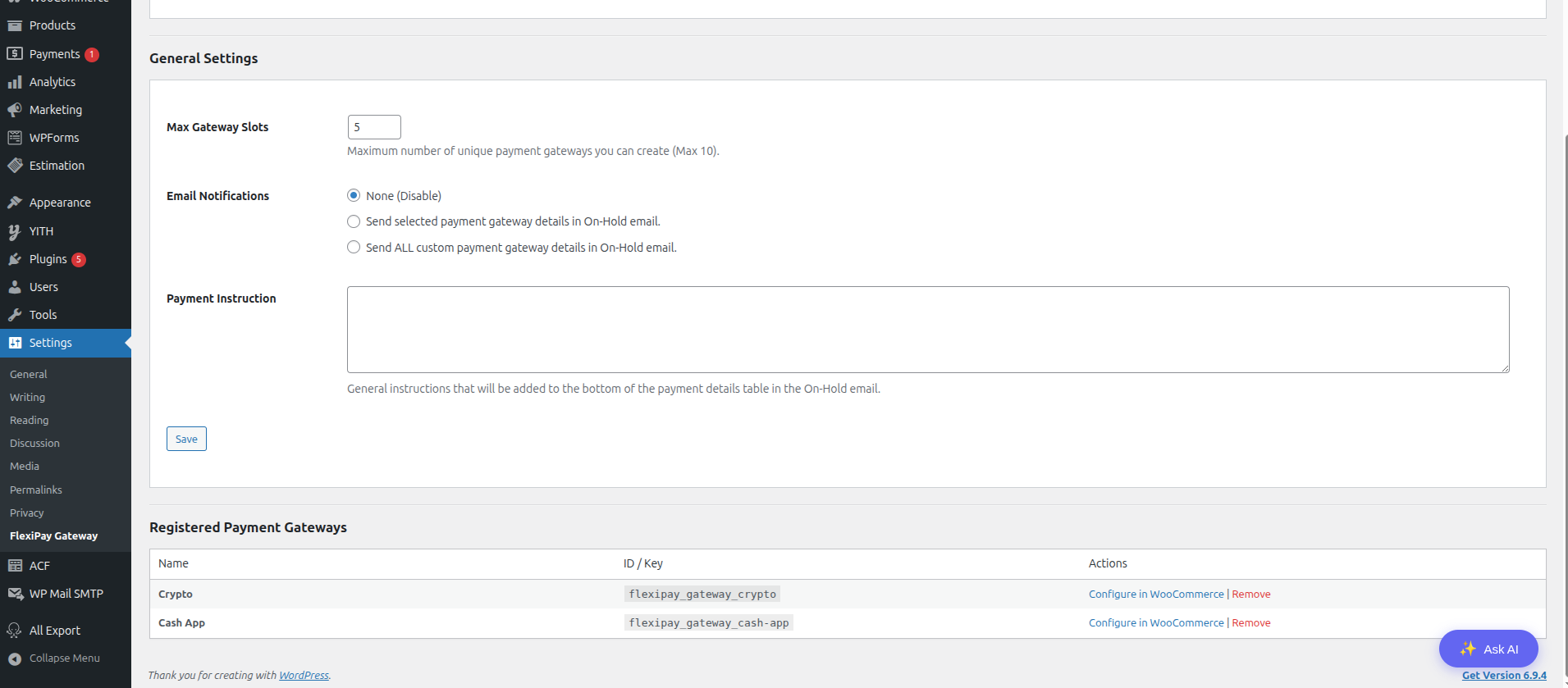 Gateway configuration in WooCommerce Settings.