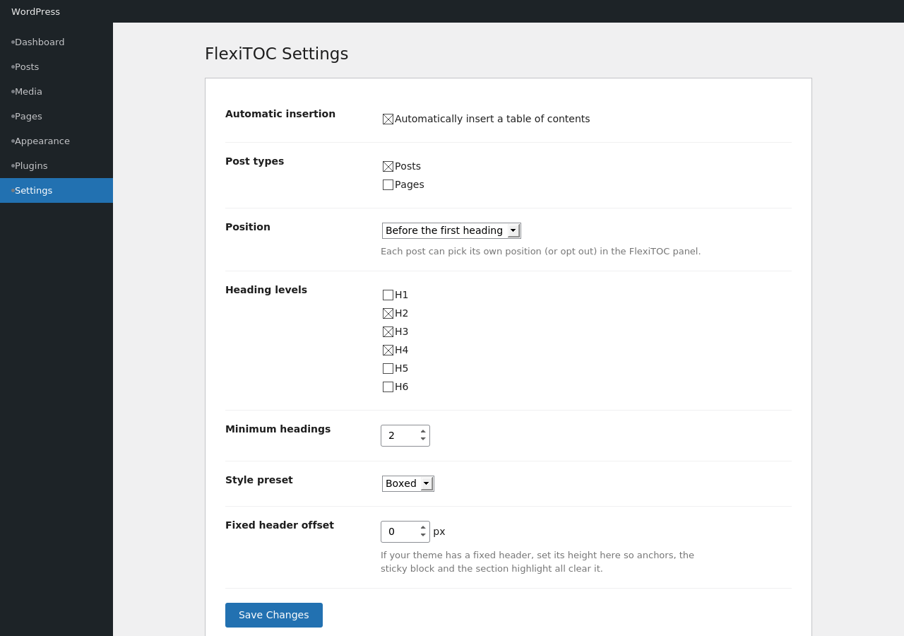 Settings page.