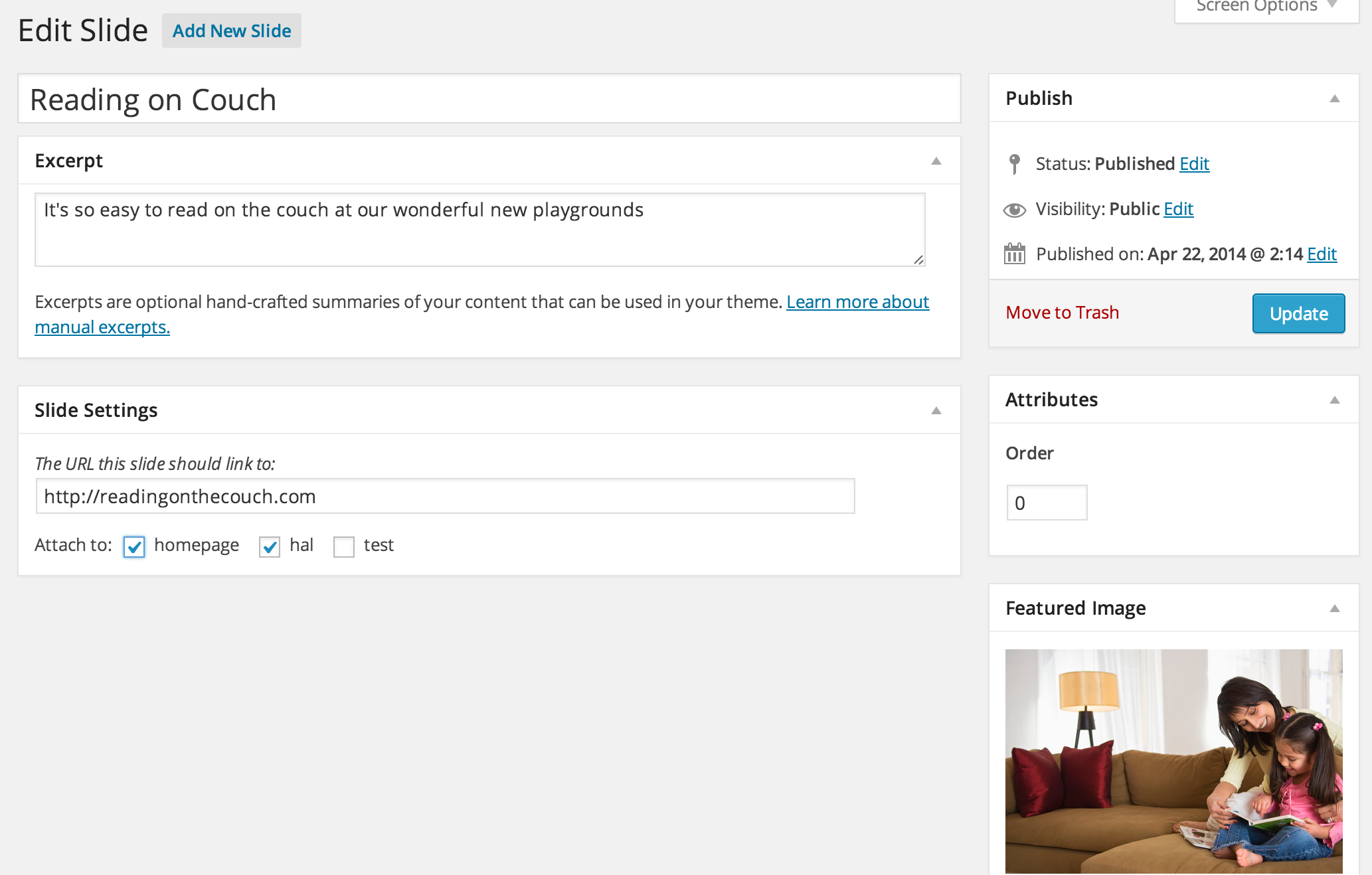 Standard WordPress UI is used including Featured Image support, Post Excerpt and Page Attributes